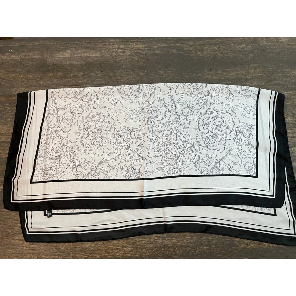 Black and White Peony Floral Square Scarf Line Art Print Striped Border 34x34